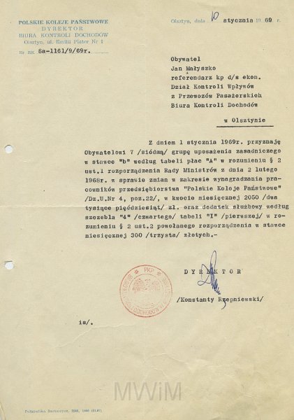 KKE 5613.jpg - Dok. Pismo z Polskich Kolei Państwowych w Olsztynie dla Jana Małyszko dotyczące zmiany uposażenia zasadniczego, Olsztyn, 10 I 1969 r.